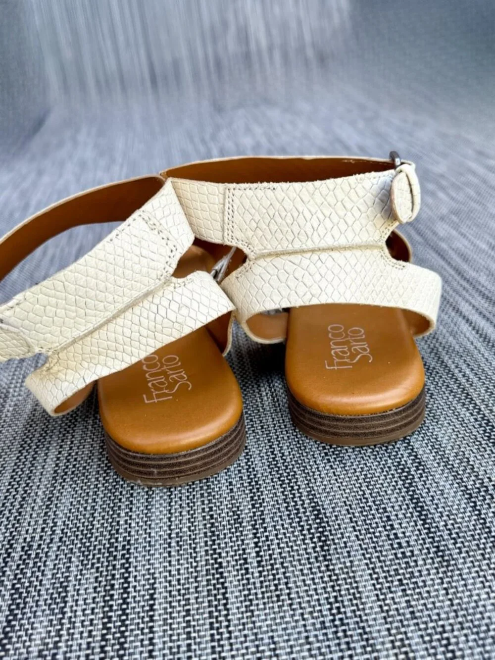 Franco Sarto Gustar Sandals Cream Reptile Leather Sz 9m Ankle Strap Buckle